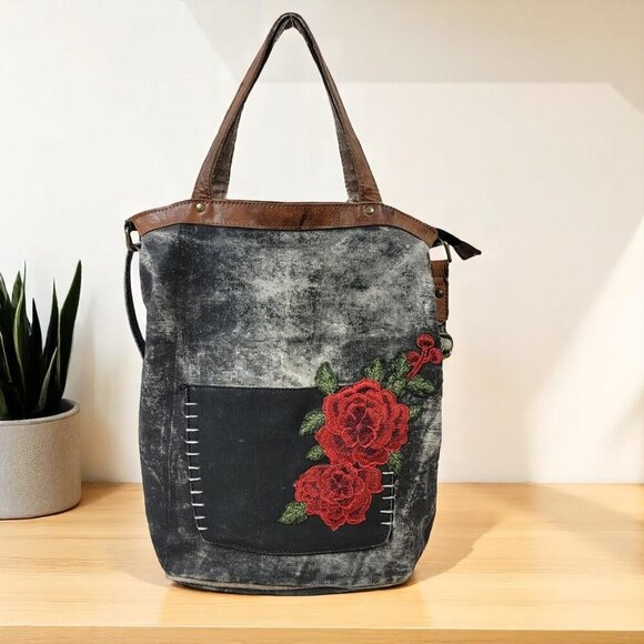 Mona B Canvas Tote with Rose Embroidery – Rustic Boho Bag with Dual Carry Option - Picture 1 of 10